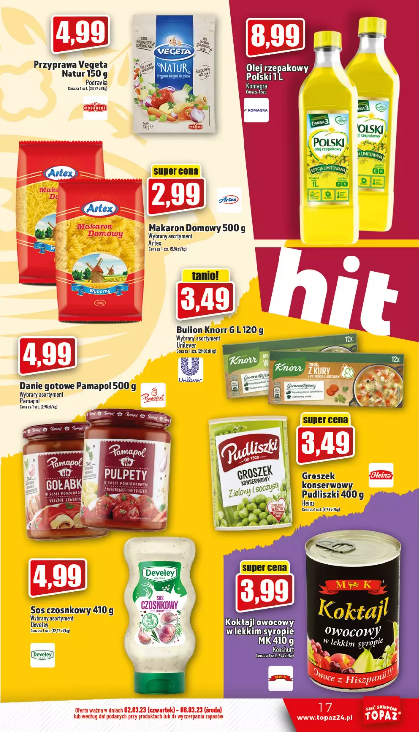 Gazetka promocyjna Topaz - Gazetka - ważna 02.03 do 08.03.2023 - strona 17 - produkty: Bulion, Groszek, Heinz, Knorr, Lion, Makaron, Podravka, Pudliszki, Ser, Sos, Syrop, Vegeta, Vegeta Natur