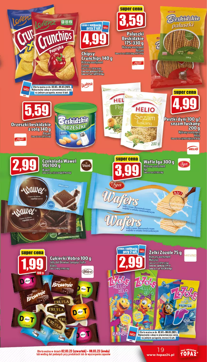 Gazetka promocyjna Topaz - Gazetka - ważna 02.03 do 08.03.2023 - strona 19 - produkty: Aksam, Beskidzki, Brownie, Crunchips, Cukier, Cukierki, Czekolada, Helio, LG, Orzeszki, Sezam, Top, Wafle, Wawel