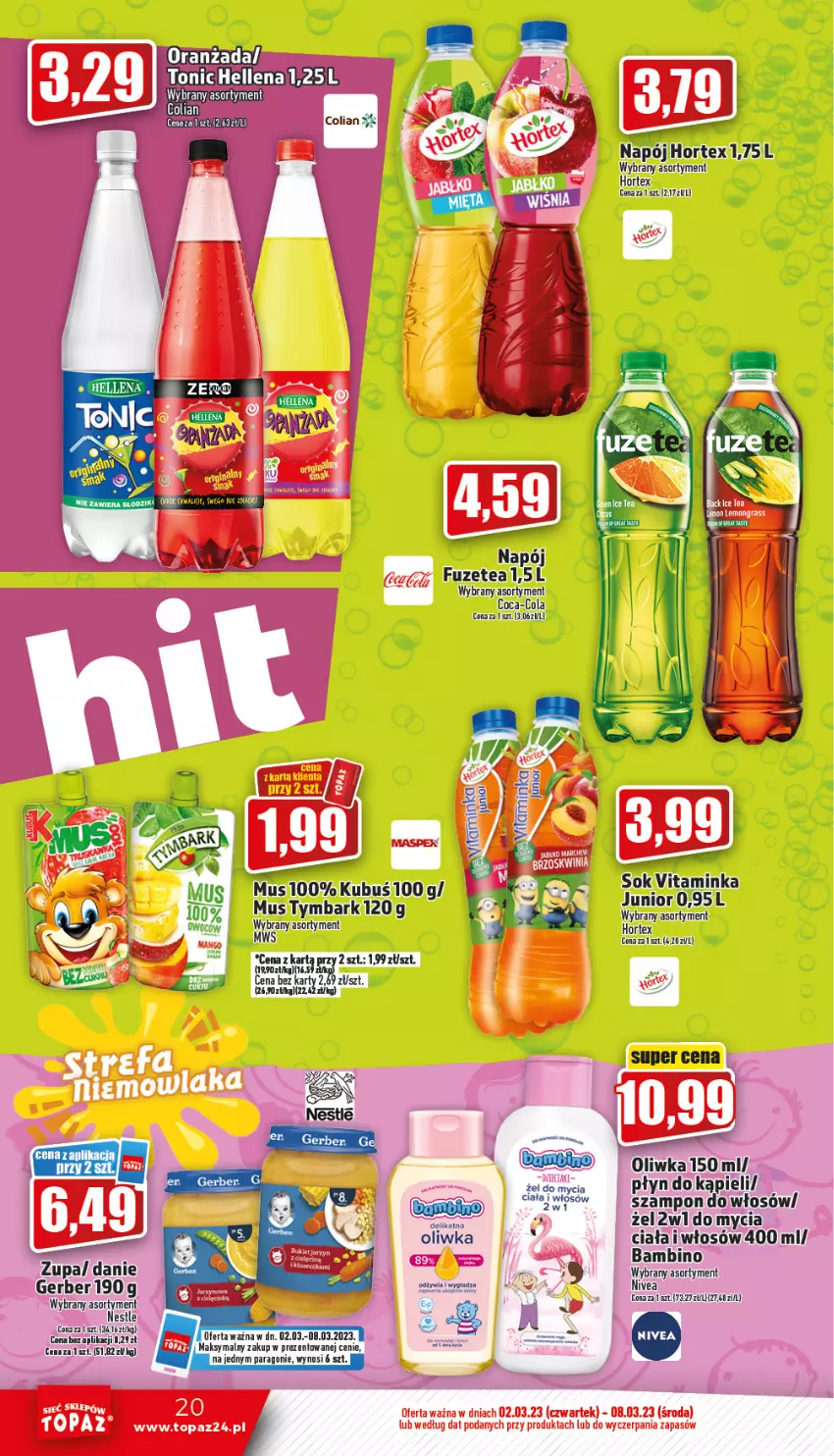 Gazetka promocyjna Topaz - Gazetka - ważna 02.03 do 08.03.2023 - strona 20 - produkty: Coca-Cola, Gerber, Hellena, Hortex, Inka, Kubuś, Mus, Napój, Płyn do kąpieli, Sok, Szampon, Tymbark, Zupa