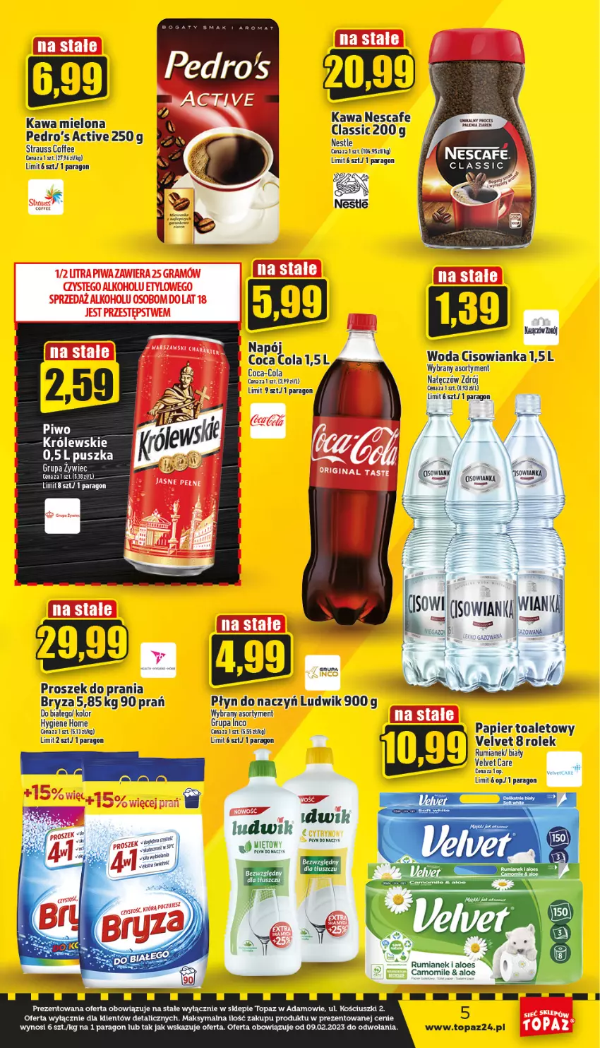 Gazetka promocyjna Topaz - Gazetka - ważna 02.03 do 08.03.2023 - strona 5 - produkty: Bryza, Cisowianka, Coca-Cola, Kawa, Kawa mielona, Królewski, Ludwik, Papier, Papier toaletowy, Proszek do prania, Rum, Top, Velvet, Woda