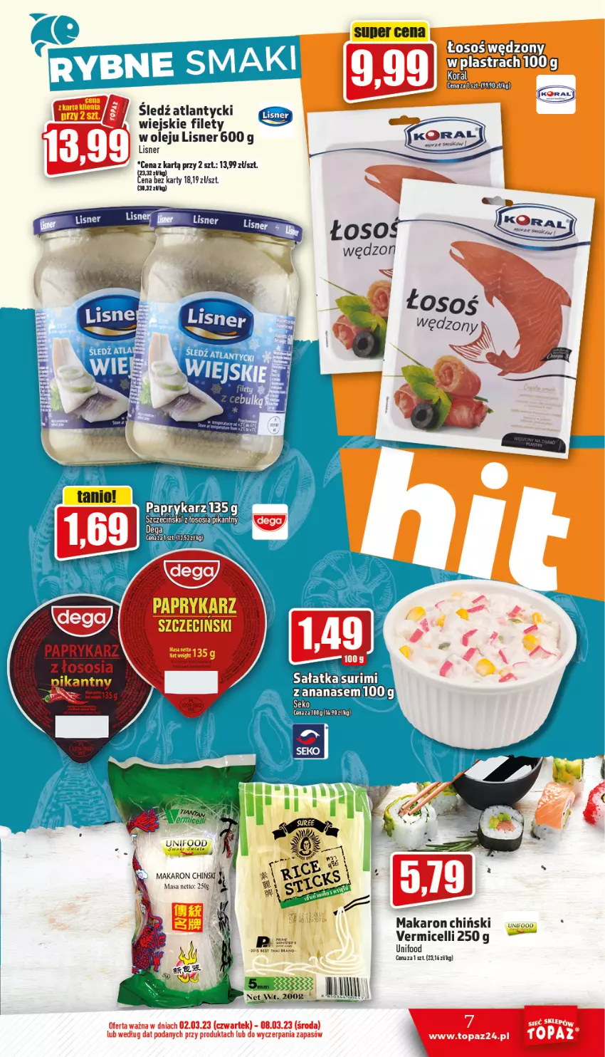 Gazetka promocyjna Topaz - Gazetka - ważna 02.03 do 08.03.2023 - strona 7 - produkty: Ananas, Lisner, Makaron, Makaron chiński, Olej, Papryka, Paprykarz, Sałat, Sałatka, SEKO, Sos, Surimi