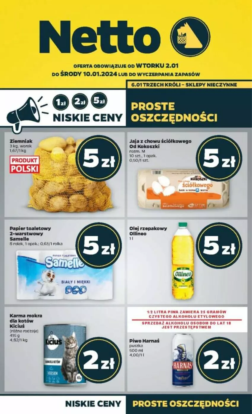 Gazetka promocyjna Netto - ważna 02.01 do 10.01.2024 - strona 1 - produkty: Harnaś, Jaja, Karma mokra dla kotów, Kokos, Kosz, Olej, Olej rzepakowy, Papier, Papier toaletowy, Piwo