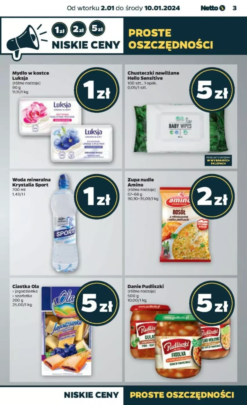 Gazetka promocyjna Netto - ważna 02.01 do 10.01.2024 - strona 20 - produkty: Chusteczki, Ciastka, Jagodzianka, Luksja, Mydło, Por, Pudliszki, Sport, Szarlotka, Woda, Woda mineralna, Zupa