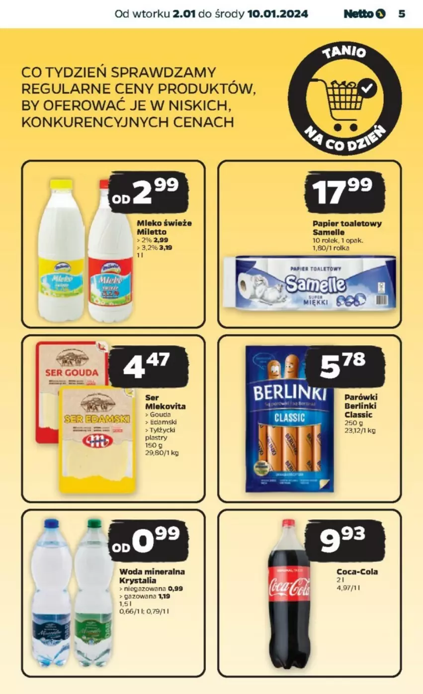 Gazetka promocyjna Netto - ważna 02.01 do 10.01.2024 - strona 22 - produkty: Berlinki, Mleko, Mlekovita, Papier, Papier toaletowy, Ser, Woda, Woda mineralna