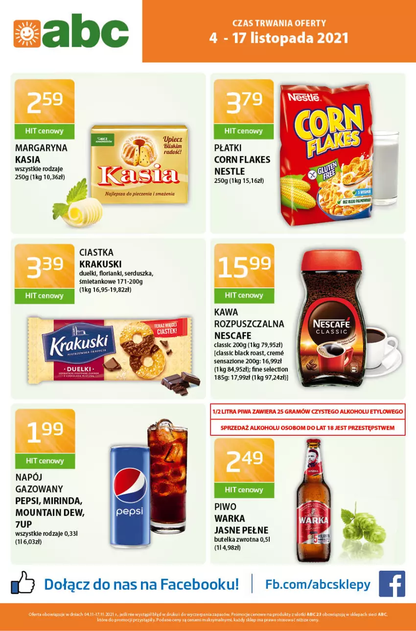 Gazetka promocyjna ABC - Gazetka - ważna 05.11 do 18.11.2021 - strona 1 - produkty: Ciastka, Corn flakes, Fa, Kasia, Kawa, Krakus, Krakuski, Lack, Lanki, Margaryna, Mirinda, Napój, O nas, Pepsi, Piec, Piwo, Ser, Warka