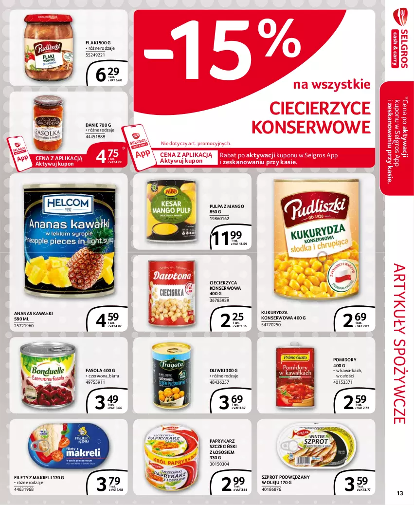 Gazetka promocyjna Selgros - Extra Oferta - ważna 01.06 do 30.06.2021 - strona 13 - produkty: Ananas, Artykuły spożywcze, Fa, Fasola, Flaki, Kawa, Kukurydza, Kukurydza konserwowa, LG, Mango, Olej, Oliwki, Papryka, Paprykarz, Paprykarz szczeciński, Pomidory, Ser, Sos, Szprot