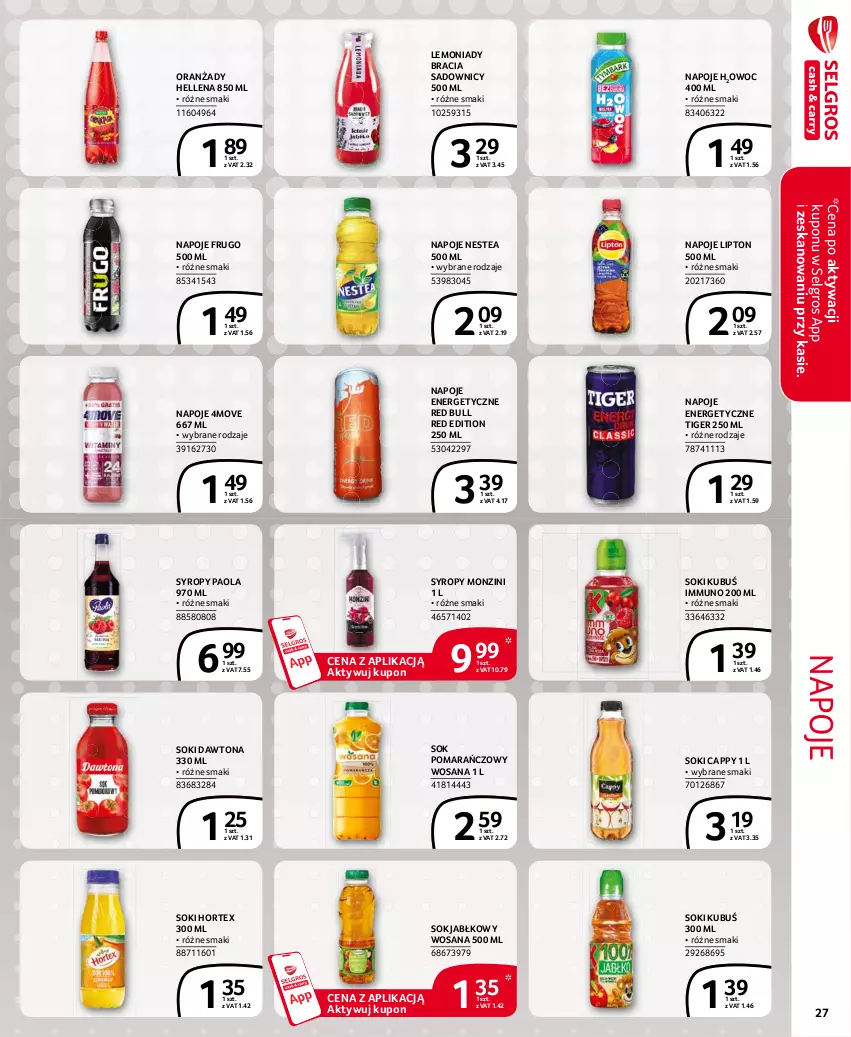 Gazetka promocyjna Selgros - Extra Oferta - ważna 01.06 do 30.06.2021 - strona 27 - produkty: Cappy, Dawtona, Hellena, Hortex, Kubuś, LG, Lipton, Napoje, Nestea, Paola, Red Bull, Sok, Sok jabłkowy, Sok pomarańczowy, Syrop, Syropy, Tiger, Wosana