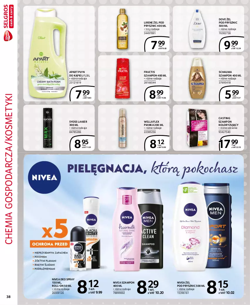 Gazetka promocyjna Selgros - Extra Oferta - ważna 01.06 do 30.06.2021 - strona 38 - produkty: Dove, Fructis, Lakier, Lirene, Nivea, Płyn do kąpieli, Schauma, Syoss, Szampon, Wella, Wellaflex