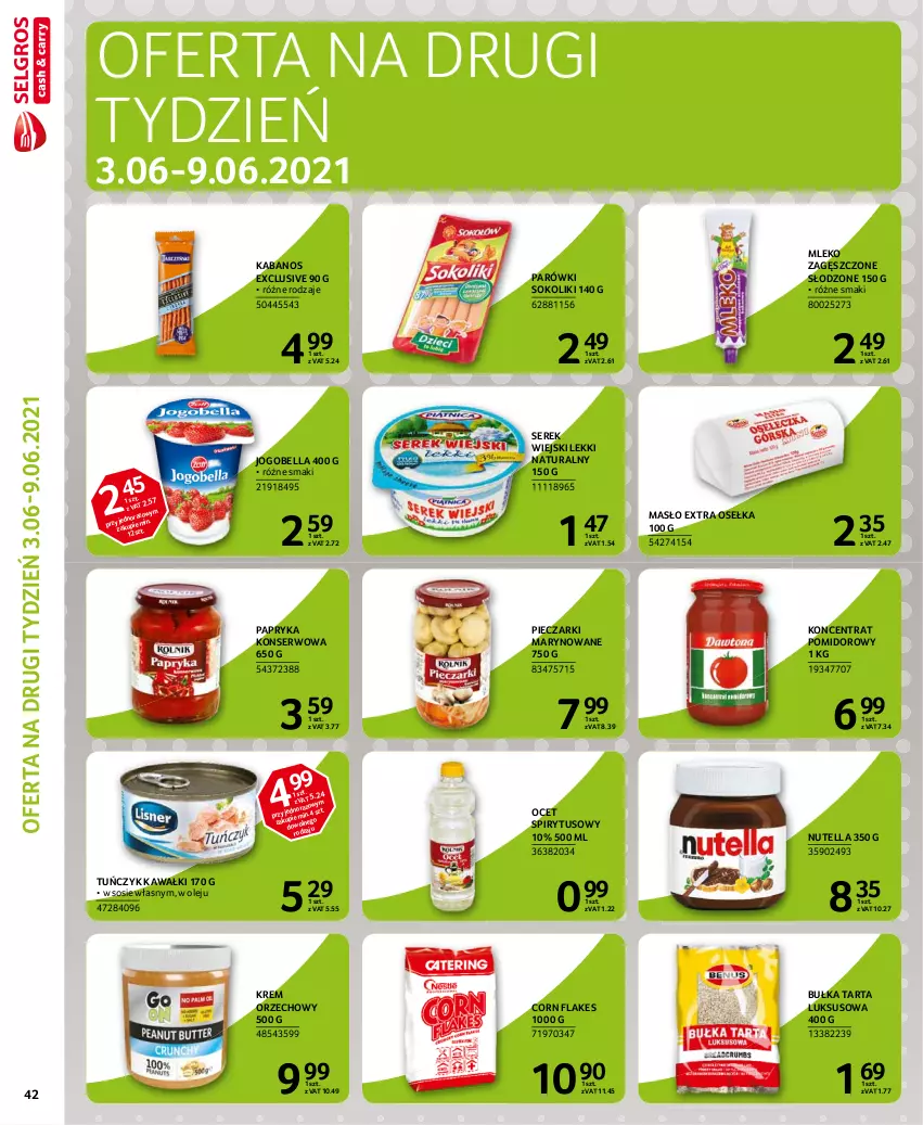 Gazetka promocyjna Selgros - Extra Oferta - ważna 01.06 do 30.06.2021 - strona 42 - produkty: Bell, Bella, Bułka, Bułka tarta, Corn flakes, Jogobella, Kabanos, Kawa, Koncentrat pomidorowy, Krem orzechowy, Masło, Mleko, Mleko zagęszczone, Nutella, Ocet, Olej, Papryka, Parówki, Parówki sokoliki, Piec, Ser, Serek, Serek wiejski, Sok, Sos, Tarta, Tuńczyk