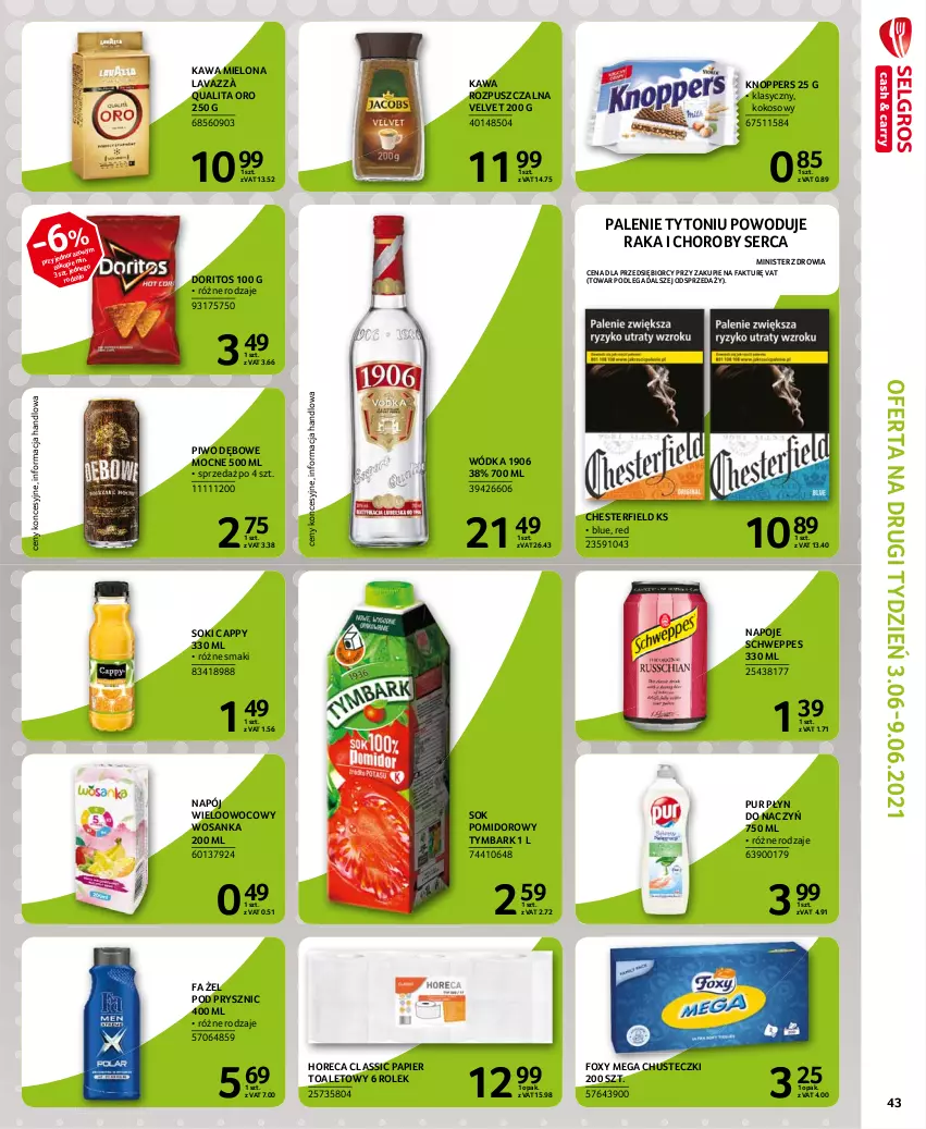 Gazetka promocyjna Selgros - Extra Oferta - ważna 01.06 do 30.06.2021 - strona 43 - produkty: Cappy, Chusteczki, Fa, Foxy, Kawa, Kawa mielona, Kawa rozpuszczalna, Knoppers, Kokos, Napój, Napoje, Papier, Papier toaletowy, Piwo, Pur, Schweppes, Ser, Sok, Sok pomidorowy, Tymbark, Velvet, Wódka