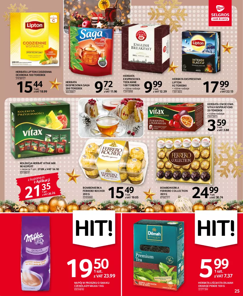 Gazetka promocyjna Selgros - Oferta spożywcza - ważna 15.12 do 26.12.2022 - strona 25 - produkty: Dilmah, Ferrero, Ferrero Rocher, Herbata, Herbata owocowa, Lipton, Milka, Napój, Saga, Teekanne, Vitax