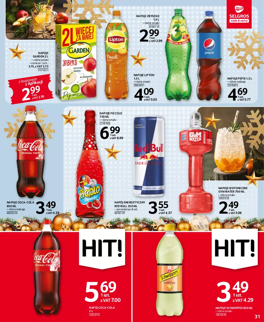 Gazetka promocyjna Selgros - Oferta spożywcza - ważna 15.12 do 26.12.2022 - strona 31 - produkty: Coca-Cola, Lipton, Napój, Napój energetyczny, Napoje, Pepsi, Red Bull, Schweppes