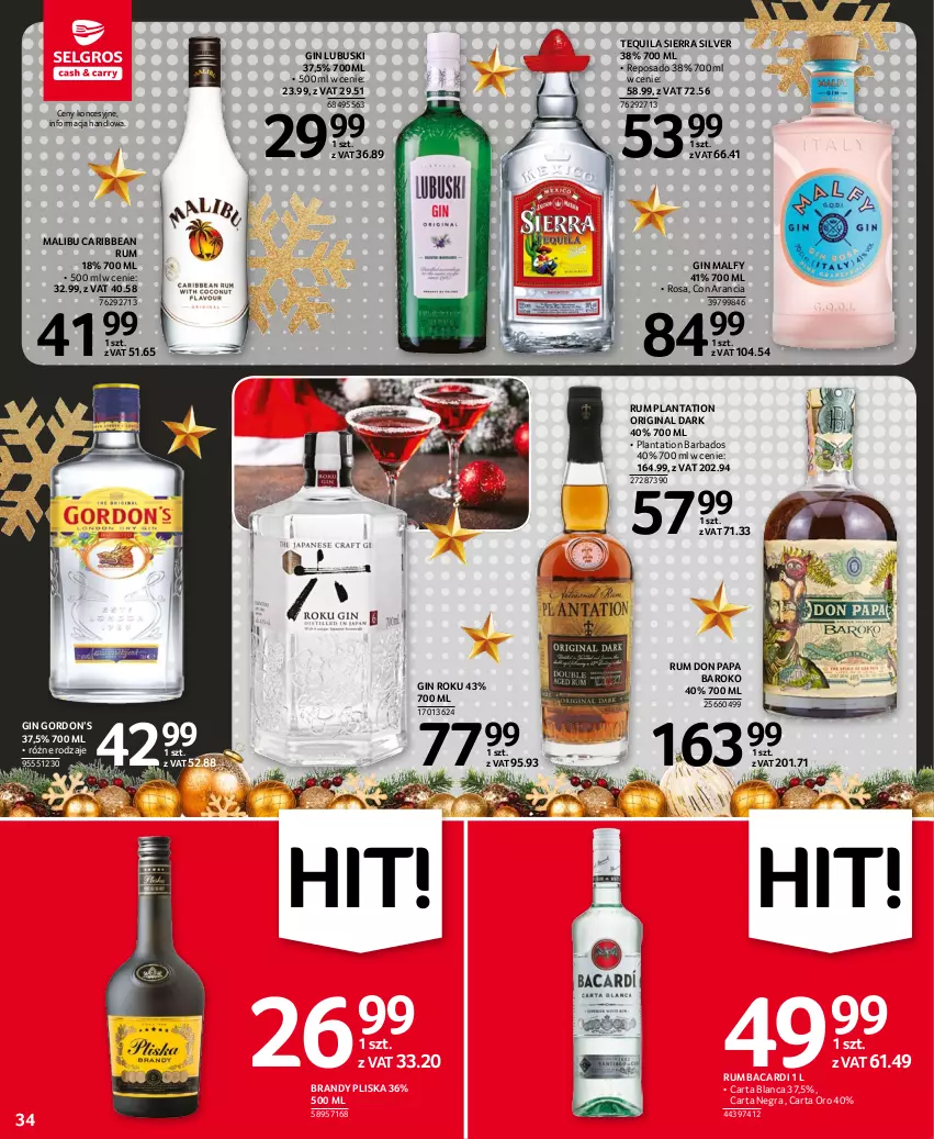 Gazetka promocyjna Selgros - Oferta spożywcza - ważna 15.12 do 26.12.2022 - strona 34 - produkty: Bacardi, Brandy, Gin, Gra, Malibu, Plantation, Pliska, Rum, Tequila