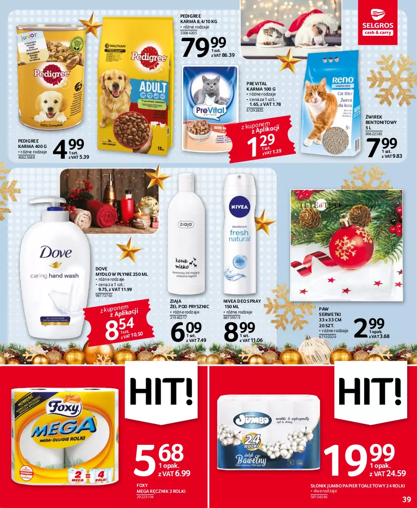 Gazetka promocyjna Selgros - Oferta spożywcza - ważna 15.12 do 26.12.2022 - strona 39 - produkty: Dove, Foxy, Mydło, Mydło w płynie, Nivea, Papier, Papier toaletowy, Pedigree, Ręcznik, Rolki, Ser, Serwetki, Ziaja