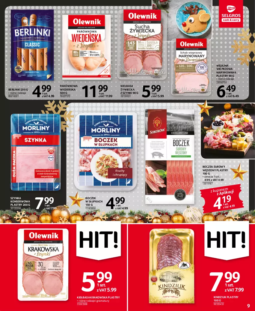 Gazetka promocyjna Selgros - Oferta spożywcza - ważna 15.12 do 26.12.2022 - strona 9 - produkty: Berlinki, Boczek, Gra, Kiełbasa, Kiełbasa krakowska, Kindziuk, Rama, Ser, Szynka, Szynka konserwowa, Wędlina