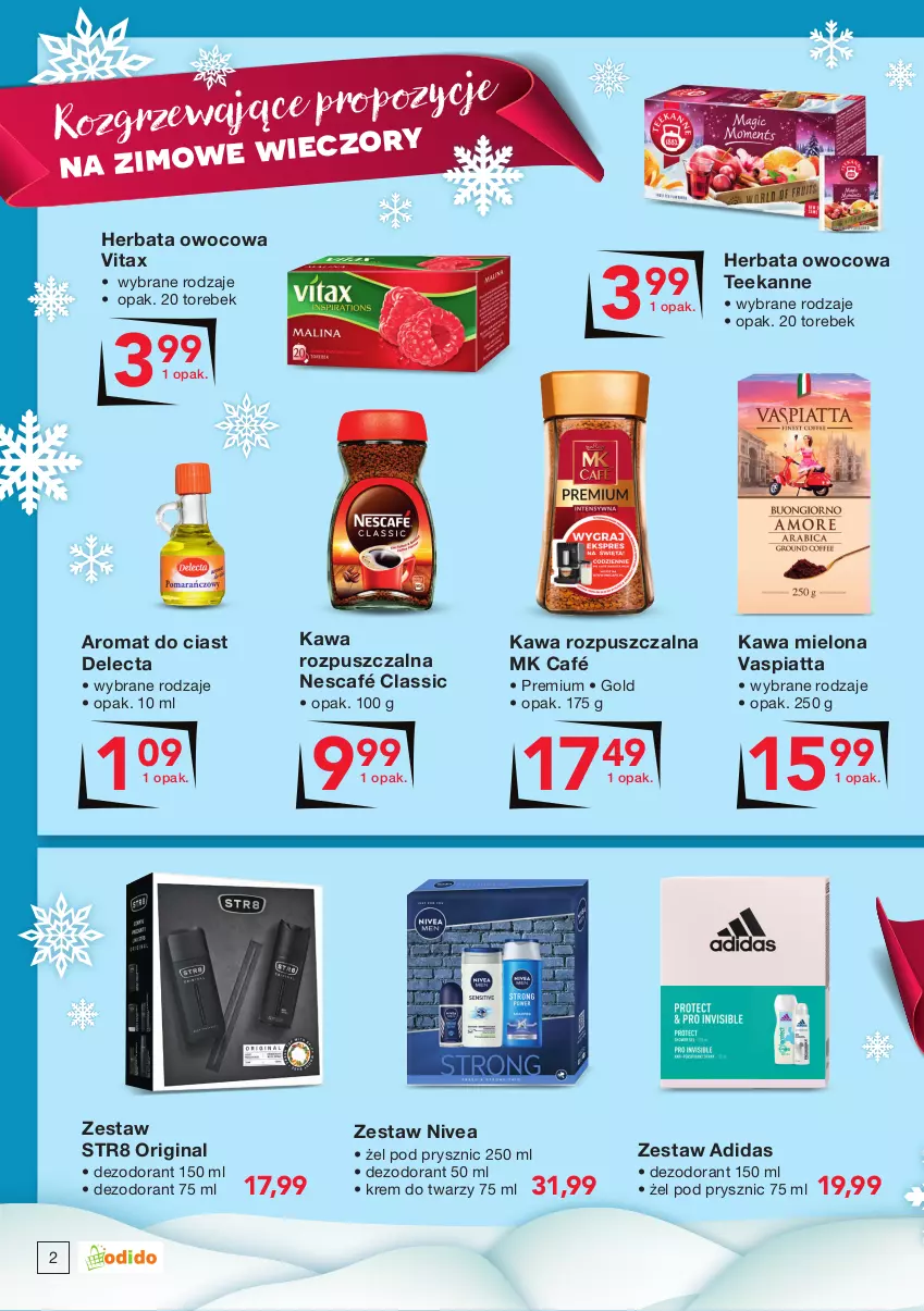 Gazetka promocyjna Odido - Kupuj ULUBIONE! - ważna 03.12 do 16.12.2021 - strona 2 - produkty: Adidas, Delecta, Dezodorant, Gin, Herbata, Herbata owocowa, Kawa, Kawa mielona, Kawa rozpuszczalna, Krem do twarzy, Nescafé, Nivea, Str8, Teekanne, Vitax