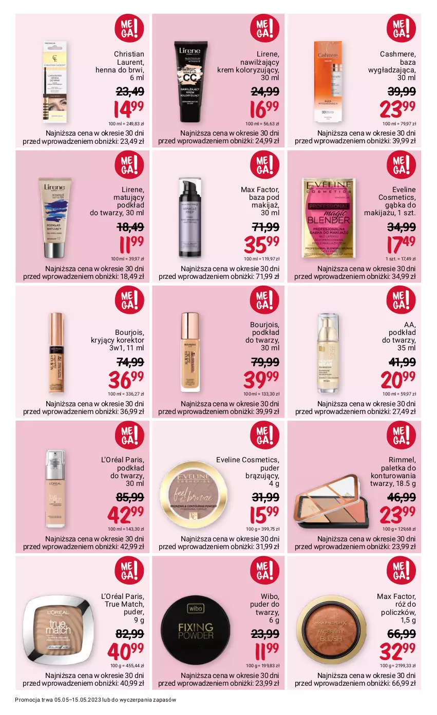 Gazetka promocyjna Rossmann - 5 maja - ważna 05.05 do 15.05.2023 - strona 4 - produkty: Bourjois, Eveline, Fa, L’Oréal, Laur, Lirene, Makijaż, Max Factor, Podkład, Podkład do twarzy, Puder, Puder do twarzy, Róż do policzków, Wibo