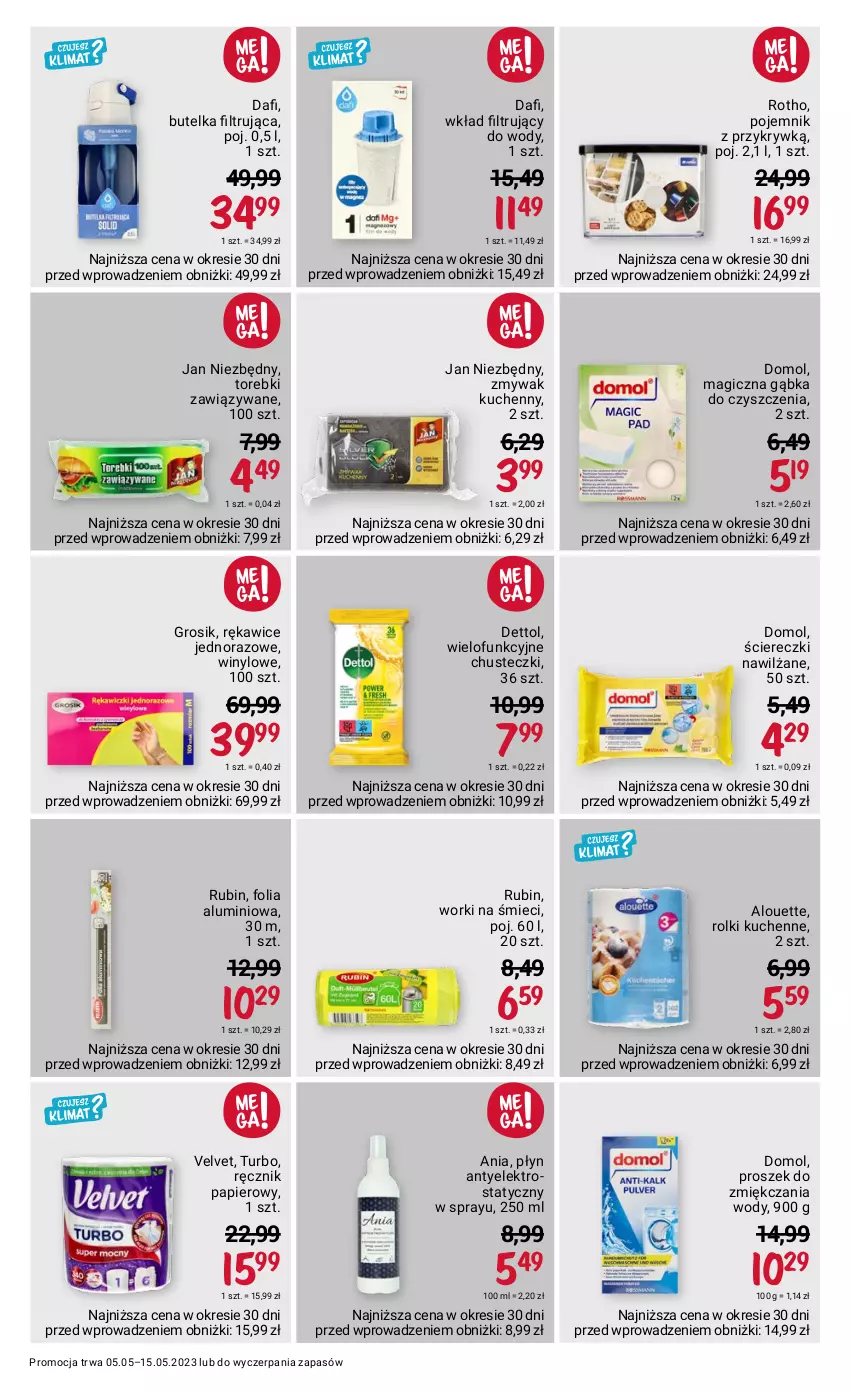 Gazetka promocyjna Rossmann - 5 maja - ważna 05.05 do 15.05.2023 - strona 9 - produkty: Alouette, Chusteczki, Dettol, Domol, Folia aluminiowa, Jan Niezbędny, Papier, Pojemnik, Ręcznik, Rękawice, Rękawice jednorazowe, Rolki, Rolki kuchenne, Rubin, Velvet, Wkład filtrujący, Worki na śmiec, Worki na śmieci