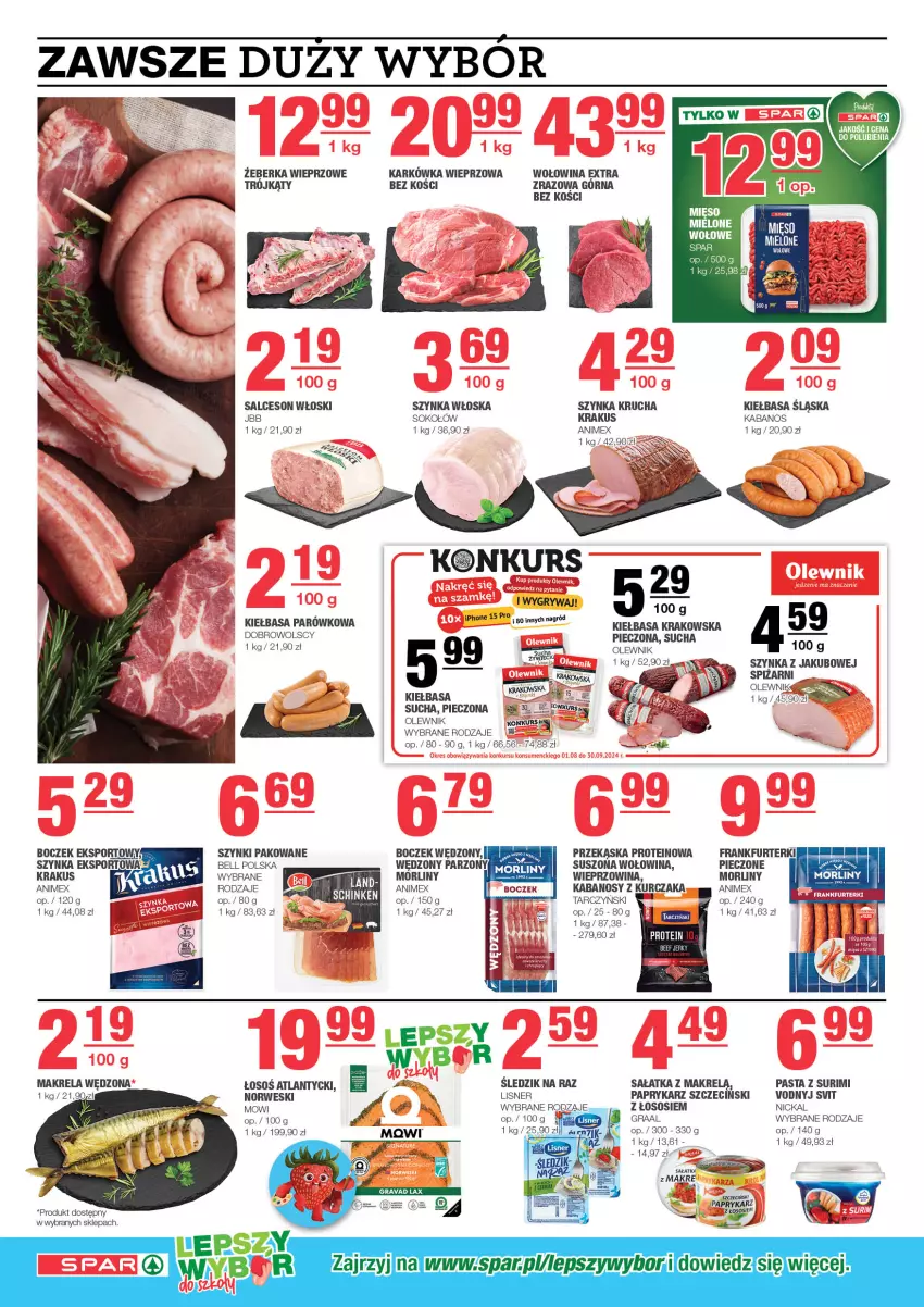 Gazetka promocyjna Spar - EuroSpar - ważna 08.09 do 18.09.2024 - strona 4 - produkty: Bell, Boczek, Gra, Graal, Gry, Jerky, Kabanos, Karkówka wieprzowa, Kiełbasa, Kiełbasa krakowska, Kiełbasa śląska, Krakus, Kurczak, Lisner, Makrelą, Morliny, Olewnik, Papryka, Paprykarz, Paprykarz szczeciński, Piec, Por, Sałat, Sałatka, Sałatka z makrelą, Salceson, Sok, Sokołów, Sos, Sport, Surimi, Szynka, Tarczyński, Wieprzowina, Wołowina