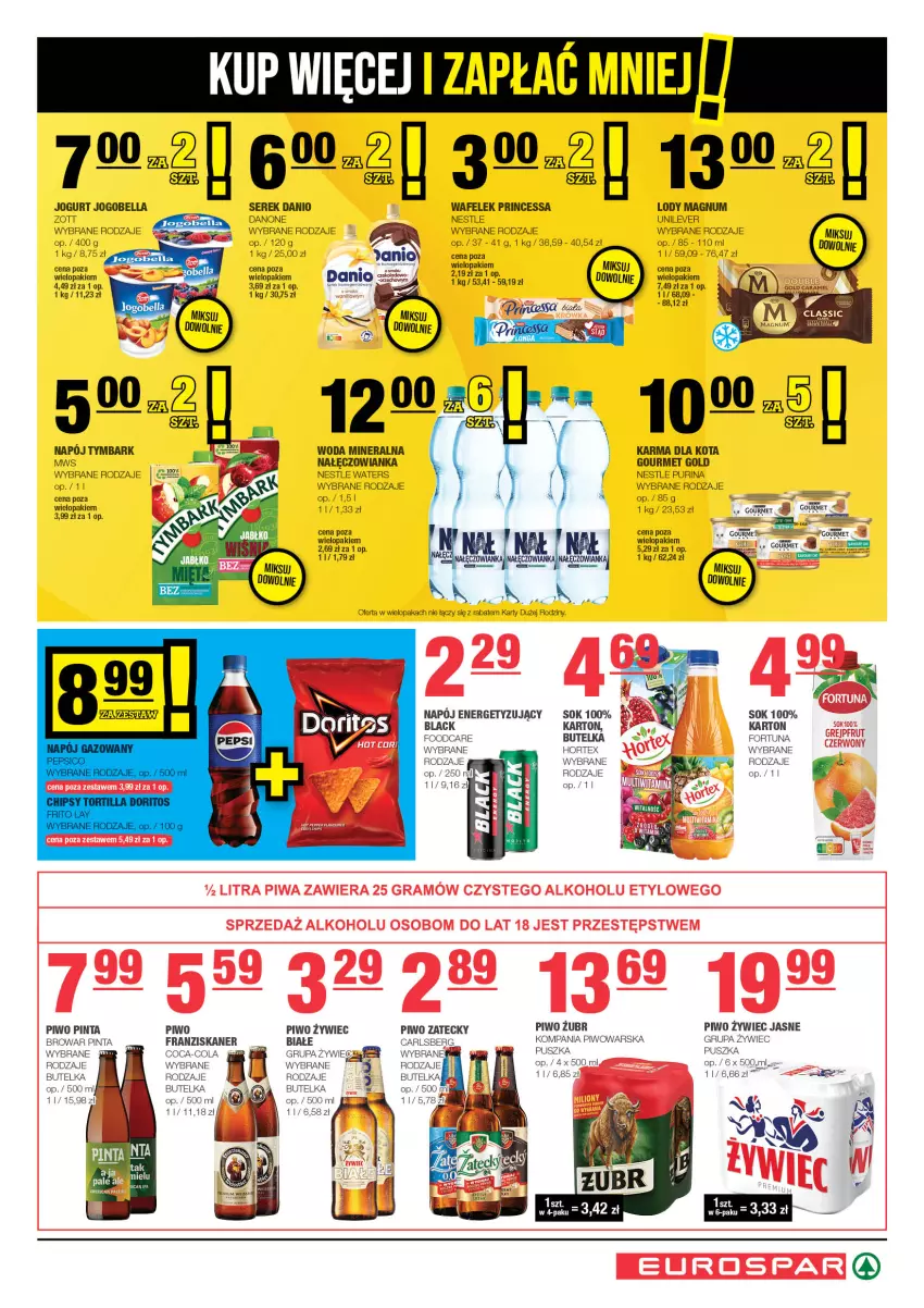 Gazetka promocyjna Spar - EuroSpar - ważna 08.09 do 18.09.2024 - strona 7 - produkty: Carlsberg, Coca-Cola, Danio, Danone, Fortuna, Gourmet Gold, Gra, Hortex, Jogurt, Lack, Lody, Mecze, Nałęczowianka, Napój, Piwa, Piwo, Princessa, Pur, Purina, Ser, Serek, Skaner, Sok, Tymbark, Wafelek, Woda, Woda mineralna, Zott