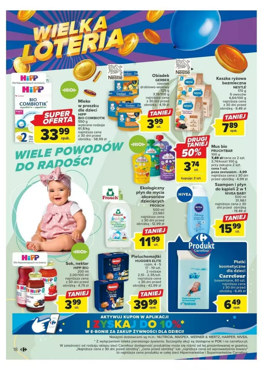 Gazetka promocyjna Carrefour - ważna 24.10 do 04.11.2023 - strona 10 - produkty: Dzieci, Fa, Frosch, Gerber, HiPP, Hipp Bio, Huggies, Kosz, Majtki, Mleko, Mus, Nektar, Pieluchomajtki, Płyn do kąpieli, Płyn do mycia, Por, Ryż, Sok, Szampon