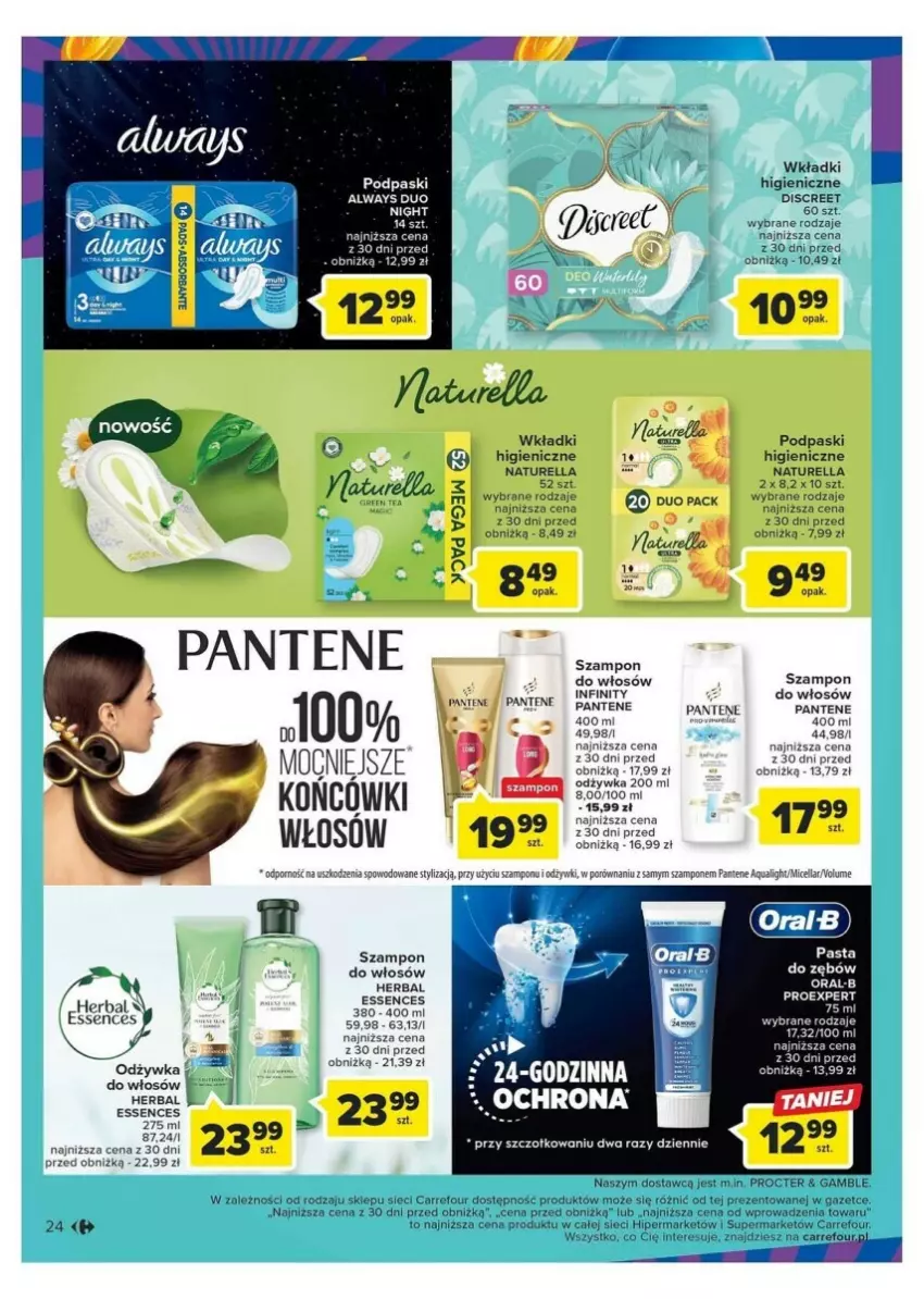 Gazetka promocyjna Carrefour - ważna 24.10 do 04.11.2023 - strona 17 - produkty: Always, Discreet, Naturell, Naturella, Noż, Odżywka, Pantene, Pasta do zębów, Podpaski, Por, Szampon, Wkładki