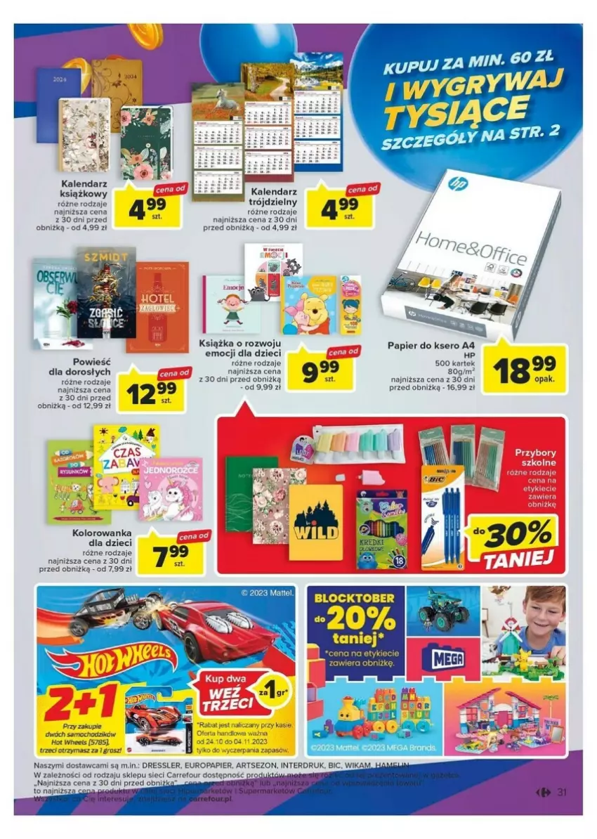 Gazetka promocyjna Carrefour - ważna 24.10 do 04.11.2023 - strona 25 - produkty: Dzieci, Fa, Gra, HP, Kalendarz, Kolorowanka, Książka, Papier, Papier do ksero, Ser