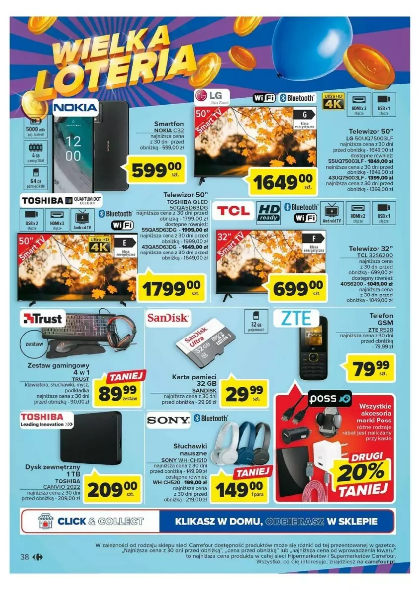 Gazetka promocyjna Carrefour - ważna 24.10 do 04.11.2023 - strona 32 - produkty: Karta pamięci, Klawiatura, LG, Mysz, Nokia, Podkład, Podkładka, Rust, Słuchawki, Smartfon, Sony, Telefon, Telewizor, Toshiba