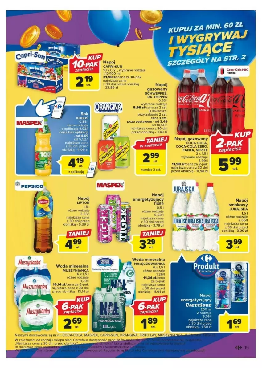 Gazetka promocyjna Carrefour - ważna 24.10 do 04.11.2023 - strona 7 - produkty: Coca-Cola, Fa, Fanta, Gin, Kosz, LG, Lipton, Mus, Muszynianka, Nałęczowianka, Napój, Napój gazowany, Schweppes, Sprite, Tiger, Woda, Woda mineralna