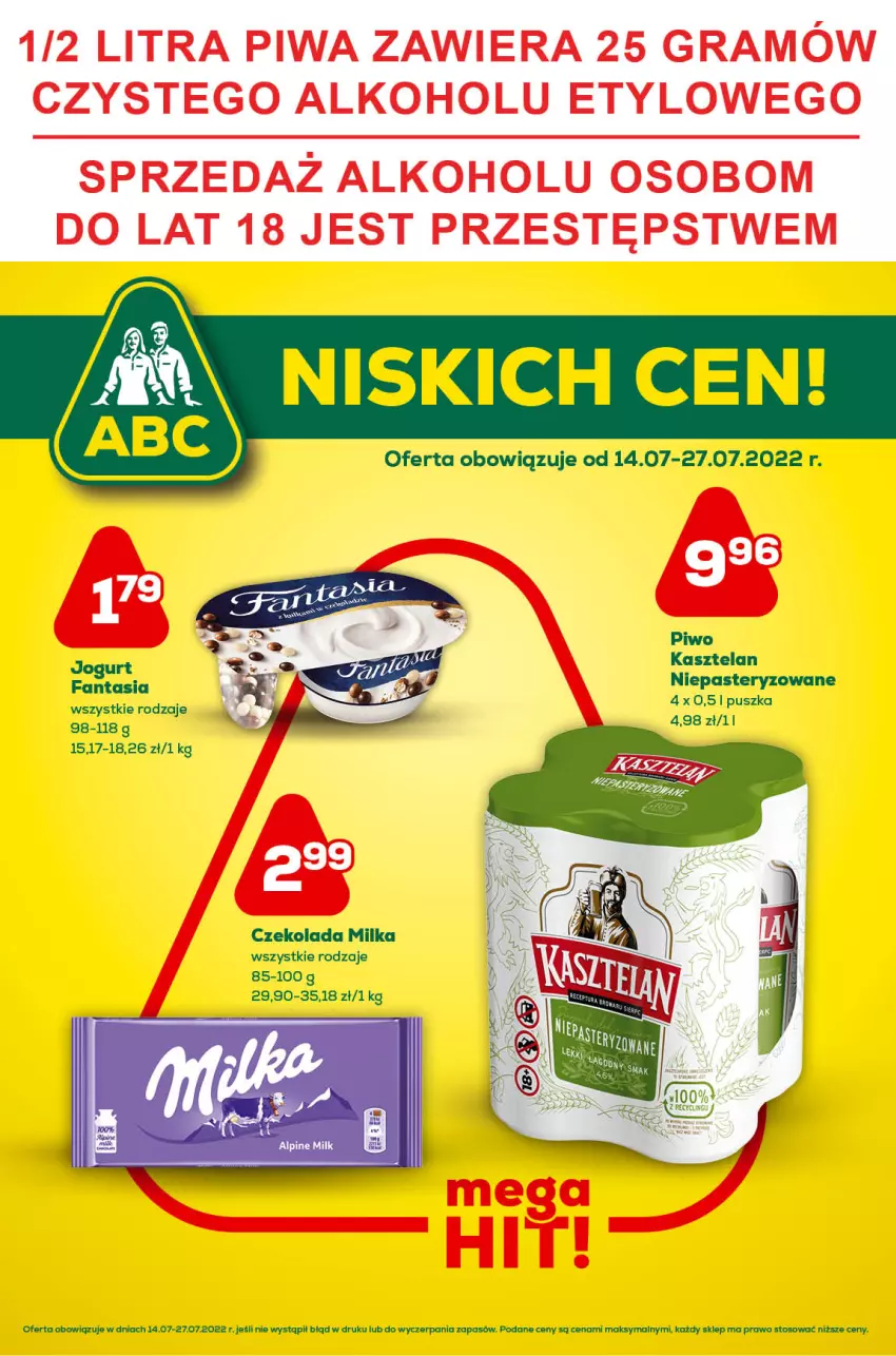 Gazetka promocyjna ABC - Gazetka - ważna 14.07 do 27.07.2022 - strona 1 - produkty: Czekolada, Fa, Fanta, Jogurt, Kasztelan, Milka, Piwo