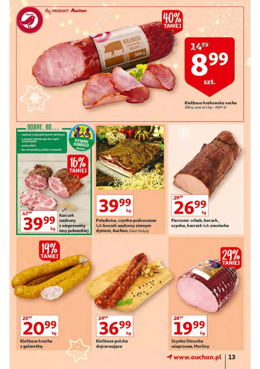 Gazetka promocyjna Auchan - Magia stołu wigilijnego Hipermarkety - ważna 16.12 do 24.12.2021 - strona 13 - produkty: Boczek, Gala, Kiełbasa, Kiełbasa krakowska, Kiełbasa krucha, Morliny, Szynka