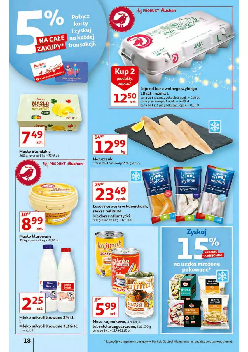 Gazetka promocyjna Auchan - Magia stołu wigilijnego Hipermarkety - ważna 16.12 do 24.12.2021 - strona 18 - produkty: Dorsz, Halibut, Jaja, Kawa, Lazur, Masło, Masło klarowane, Mleko, Mleko mikrofiltrowane, Mleko zagęszczone, Stek