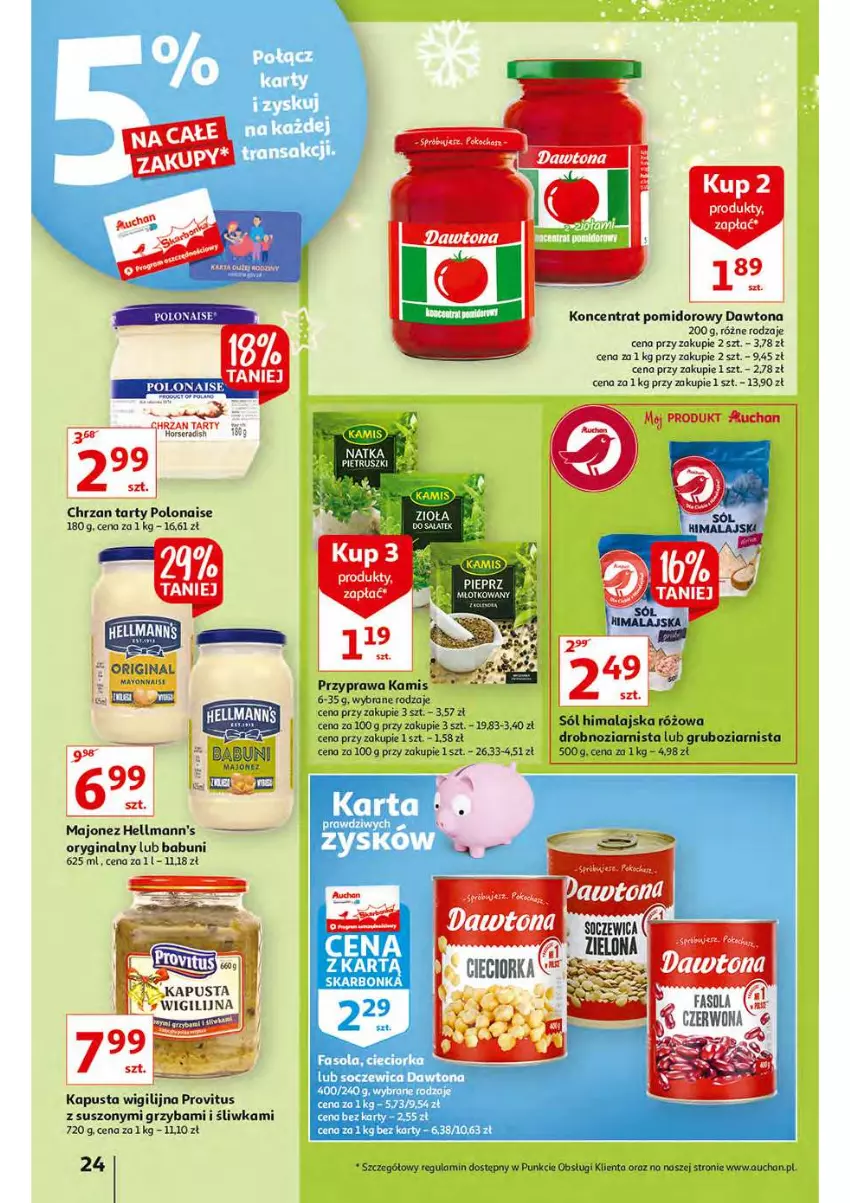 Gazetka promocyjna Auchan - Magia stołu wigilijnego Hipermarkety - ważna 16.12 do 24.12.2021 - strona 24 - produkty: Babuni, Chrzan, Cieciorka, Dawtona, Fa, Fasola, Gin, Kamis, Koc, Koncentrat pomidorowy, Majonez, Orka, Pieprz, Sól, Sól himalajska