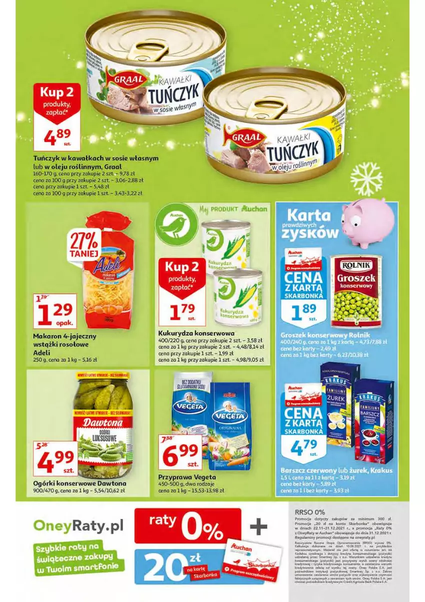 Gazetka promocyjna Auchan - Magia stołu wigilijnego Hipermarkety - ważna 16.12 do 24.12.2021 - strona 25 - produkty: Dawtona, Gra, Graal, Kawa, Kukurydza, Kukurydza konserwowa, Makaron, Ogórki konserwowe, Olej, Ser, Sos, Tuńczyk