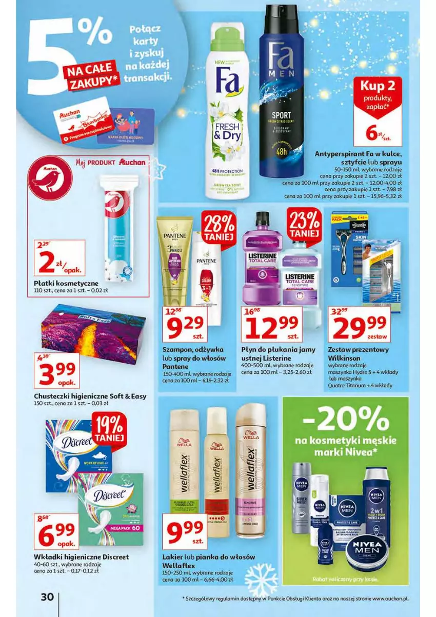 Gazetka promocyjna Auchan - Magia stołu wigilijnego Hipermarkety - ważna 16.12 do 24.12.2021 - strona 30 - produkty: Antyperspirant, Chusteczki, Discreet, Fa, Koc, Lakier, Listerine, Maszynka, Nivea, Odżywka, Pantene, Pianka do włosów, Płatki kosmetyczne, Płyn do płukania, Szampon, Szynka, Wella, Wkładki, Zestaw prezentowy