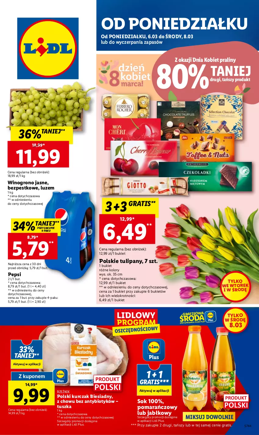 Gazetka promocyjna Lidl - GAZETKA - ważna 06.03 do 08.03.2023 - strona 1 - produkty: Bukiet, Gra, Kurczak, Pepsi, Praliny, Sok, Tulipan, Tusz, Wino