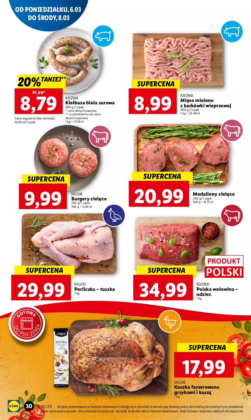 Gazetka promocyjna Lidl - GAZETKA - ważna 06.03 do 08.03.2023 - strona 34 - produkty: Burger, Fa, Kaczka, Kaczka faszerowana, Kiełbasa, Kiełbasa biała, Lion, Mięso, Mięso mielone, Perliczka, Piec, Tusz, Wołowina