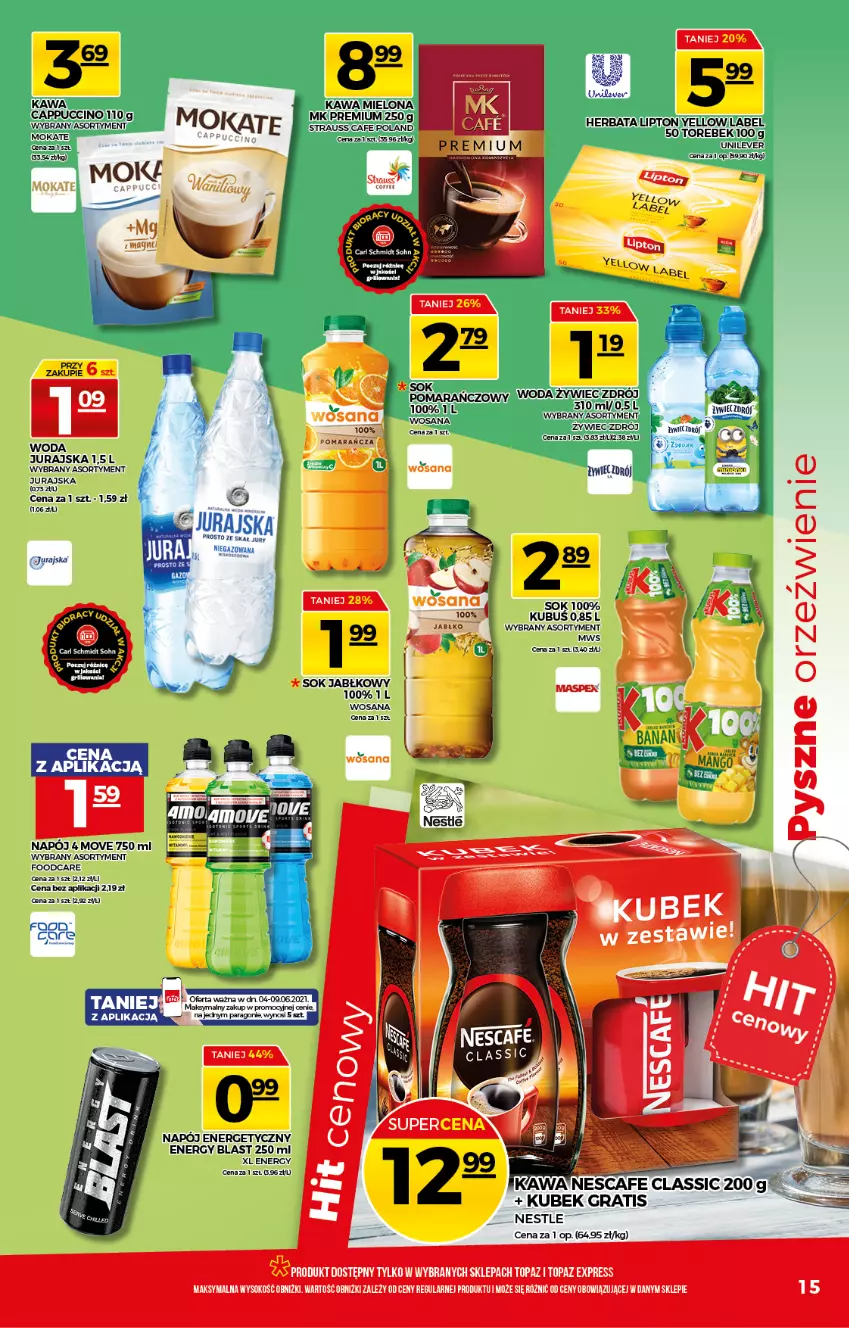 Gazetka promocyjna Topaz - Gazetka - ważna 03.06 do 09.06.2021 - strona 15 - produkty: Gra, Grill, Herbata, Kawa, Kubek, Napój, Sok, Sok jabłkowy, Top, Wosana