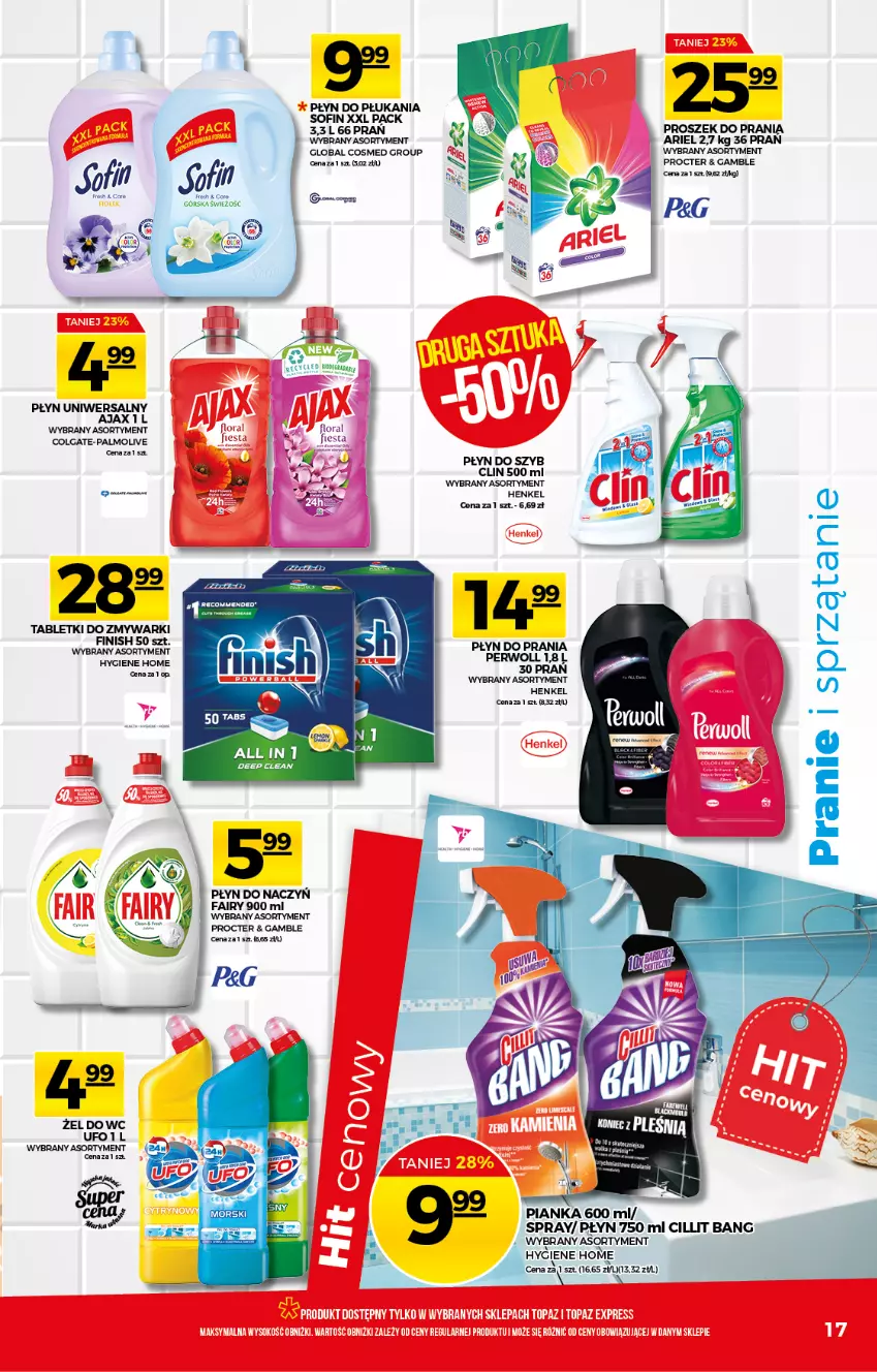 Gazetka promocyjna Topaz - Gazetka - ważna 03.06 do 09.06.2021 - strona 17 - produkty: Ajax, Ariel, Cillit Bang, Clin, Colgate, Finish, LG, Palmolive, Płyn do płukania, Płyn do szyb, Proszek do prania, Tablet, Tabletki do zmywarki, Zmywarki