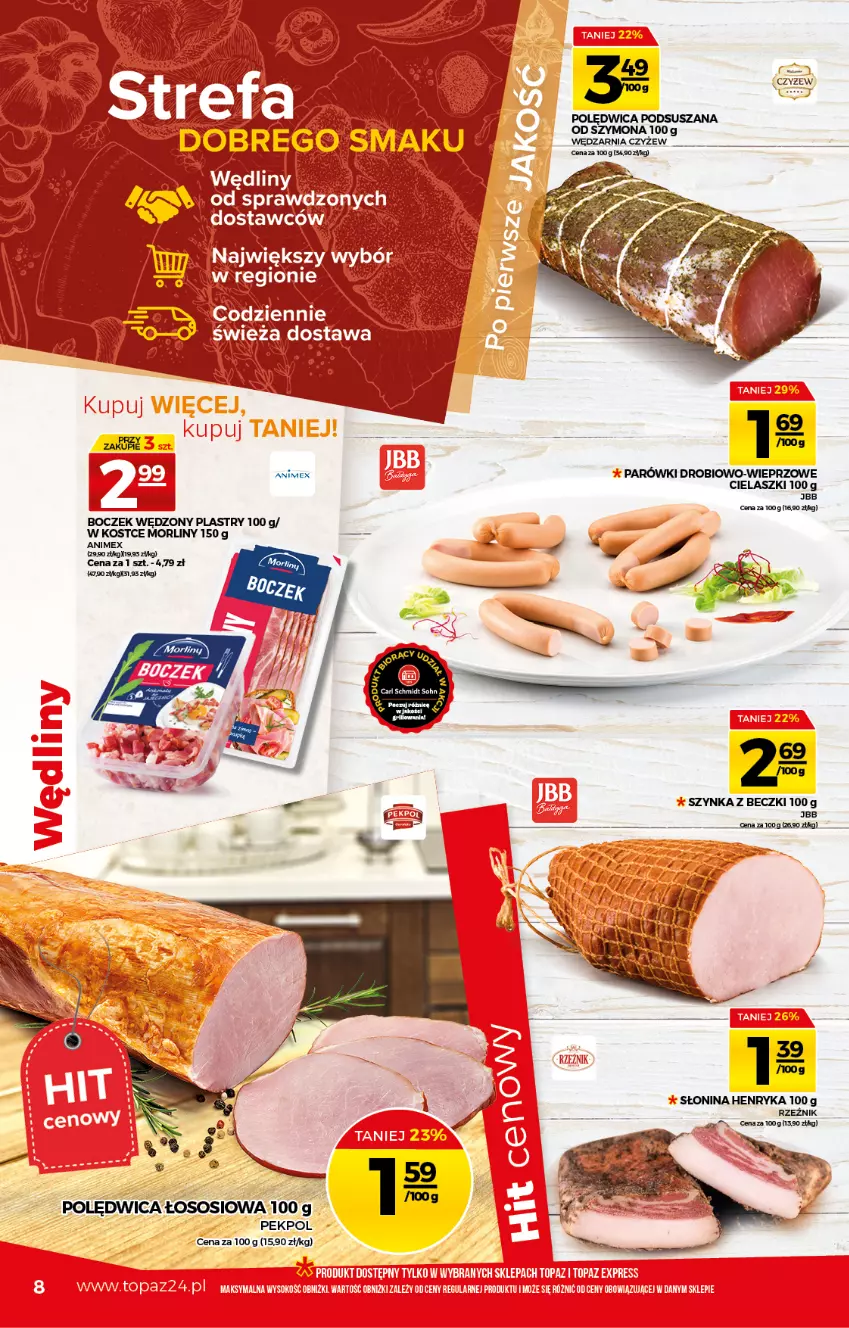 Gazetka promocyjna Topaz - Gazetka - ważna 03.06 do 09.06.2021 - strona 8 - produkty: Boczek, Morliny, Parówki, Pekpol, Polędwica, Sos, Szynka, Szynka z beczki