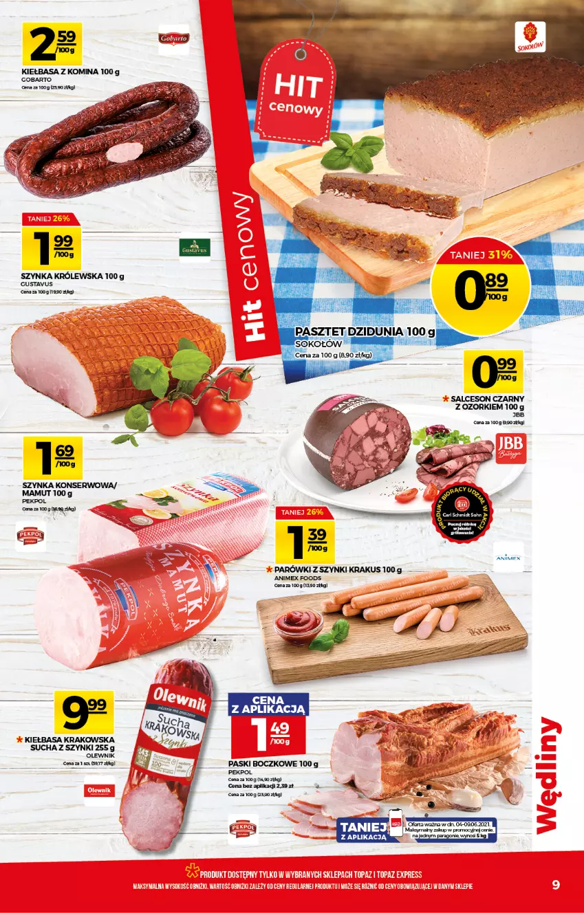 Gazetka promocyjna Topaz - Gazetka - ważna 03.06 do 09.06.2021 - strona 9 - produkty: Kiełbasa, Kiełbasa krakowska, Krakus, Olewnik, Parówki, Pekpol, Salceson, Ser, Szynka, Szynka konserwowa, Szynka Królewska