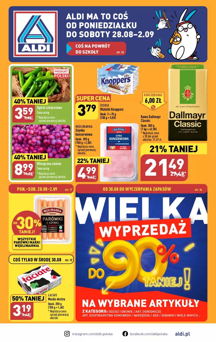 Gazetka promocyjna Aldi - Pełna oferta - ważna 28.08 do 02.09.2023 - strona 1 - produkty: Dallmayr, Fa, Gra, Kawa, Knoppers, Masło, Obuwie, Parówki, Ser, Szynka, Szynka konserwowa, Wino, Winogrona