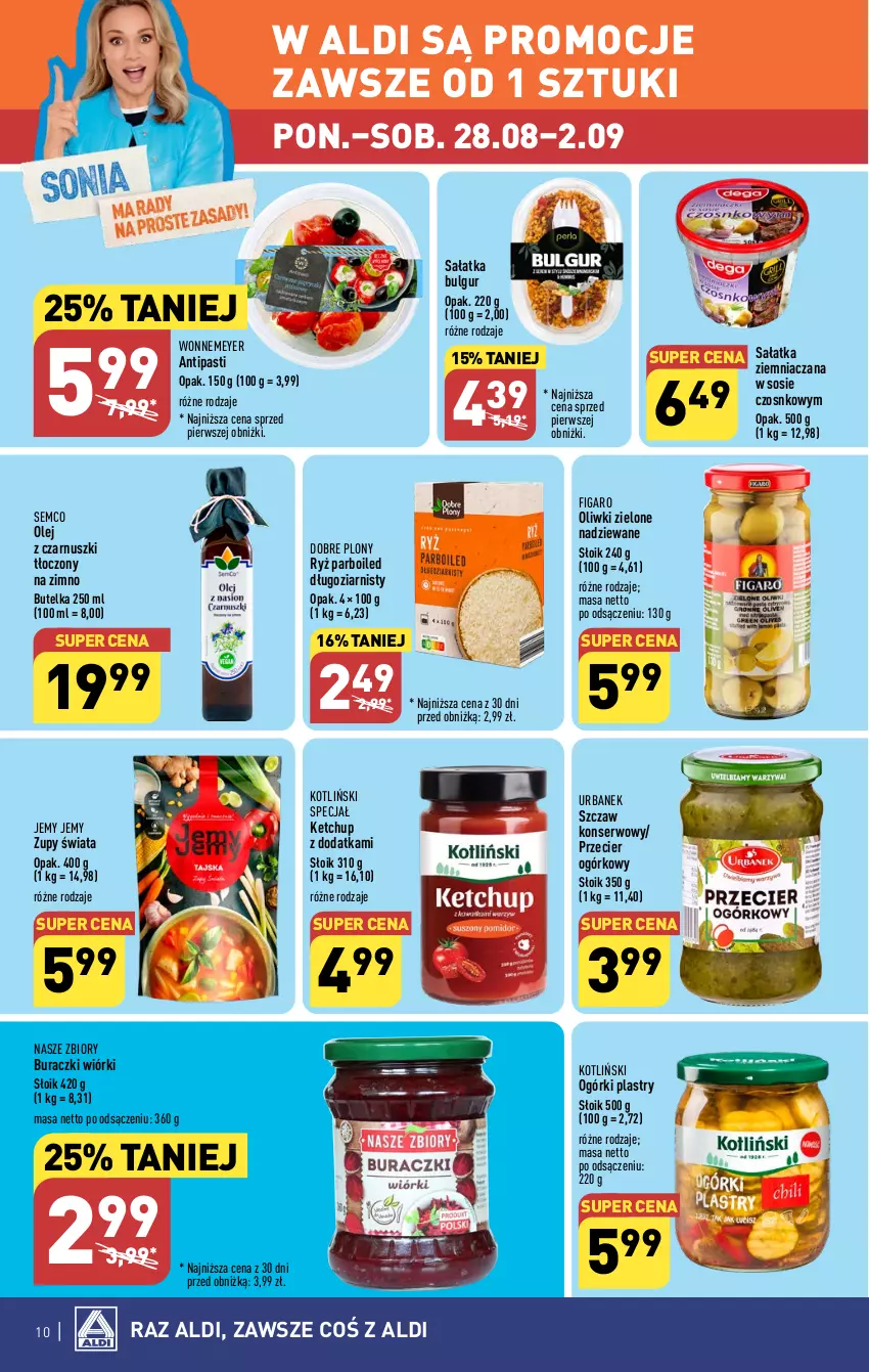 Gazetka promocyjna Aldi - Pełna oferta - ważna 28.08 do 02.09.2023 - strona 10 - produkty: Bulgur, Buraczki, Ketchup, LG, Olej, Olej z czarnuszki, Oliwki, Oliwki zielone, Ryż, Ryż parboiled, Sałat, Sałatka, Ser, Sos