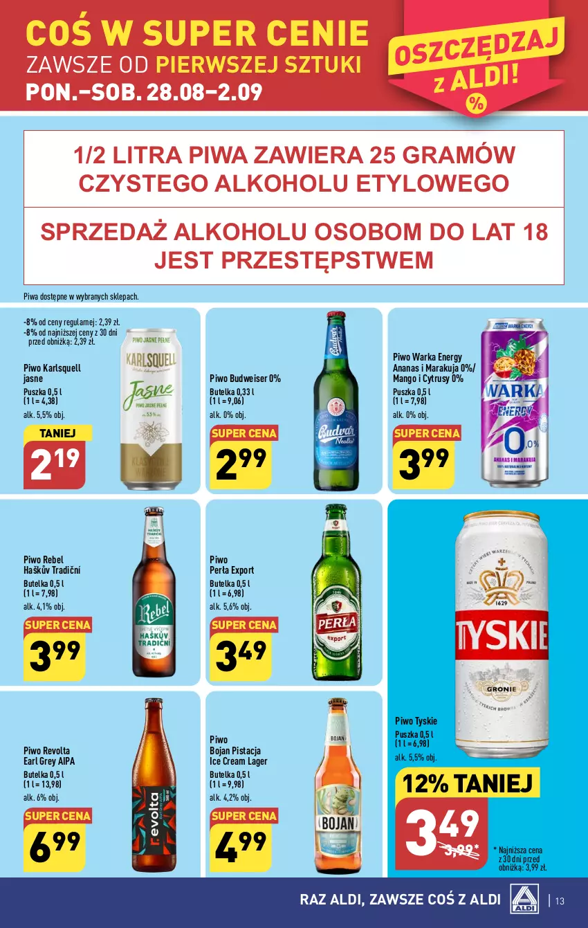 Gazetka promocyjna Aldi - Pełna oferta - ważna 28.08 do 02.09.2023 - strona 13 - produkty: Ananas, Earl Grey, Gra, Karlsquell, Mango, Perła, Piwa, Piwo, Por, Ser, Tyskie, Warka