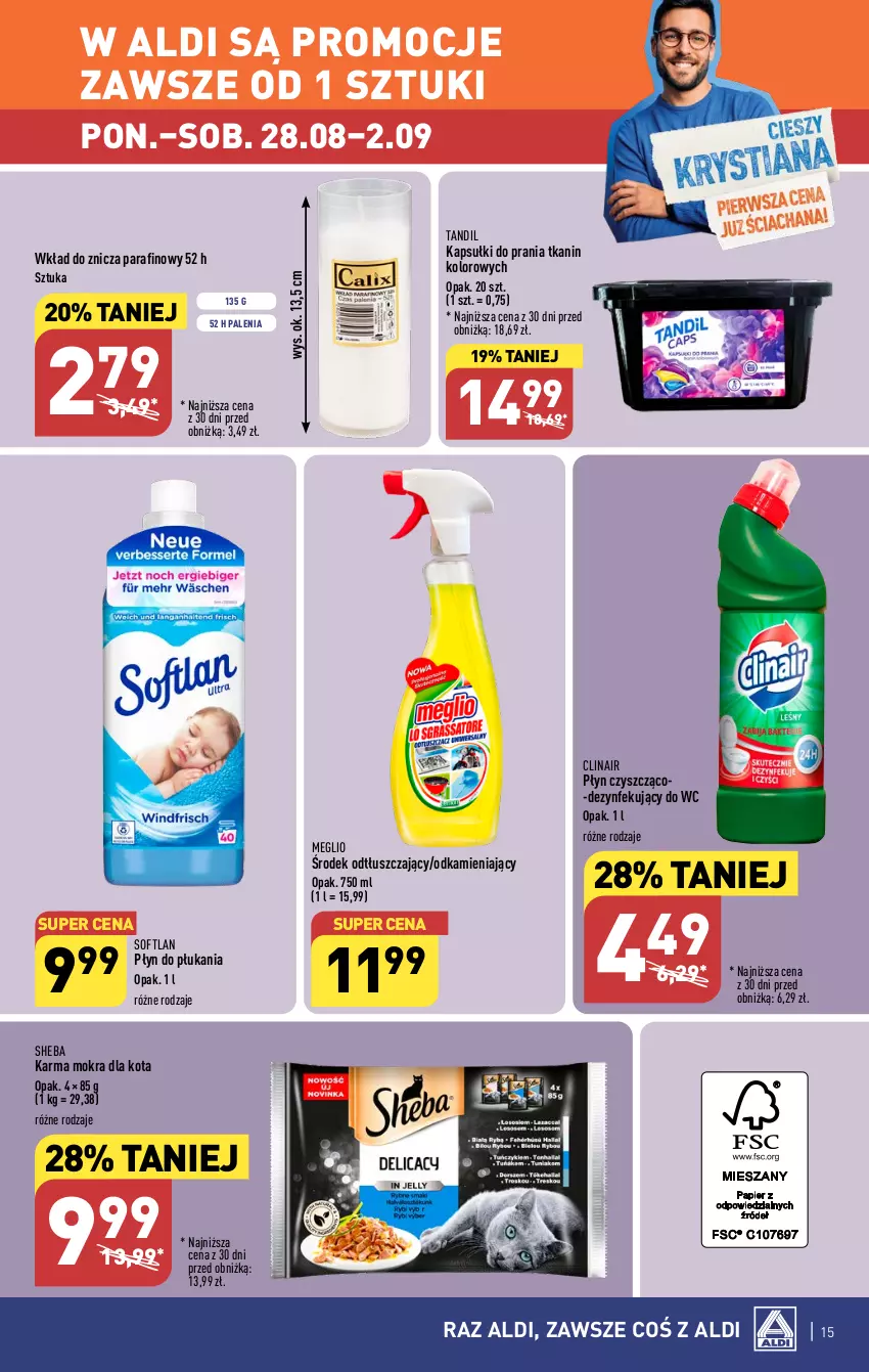 Gazetka promocyjna Aldi - Pełna oferta - ważna 28.08 do 02.09.2023 - strona 15 - produkty: Clin, Kapsułki do prania, Płyn do płukania, Sheba, Znicz