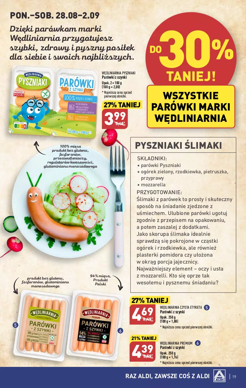 Gazetka promocyjna Aldi - Pełna oferta - ważna 28.08 do 02.09.2023 - strona 19 - produkty: JBL, Mozzarella, Ogórek, Parówki, Parówki z szynki, Pietruszka, Plasterki, Por, Przyprawy, Rzodkiewka, Szal