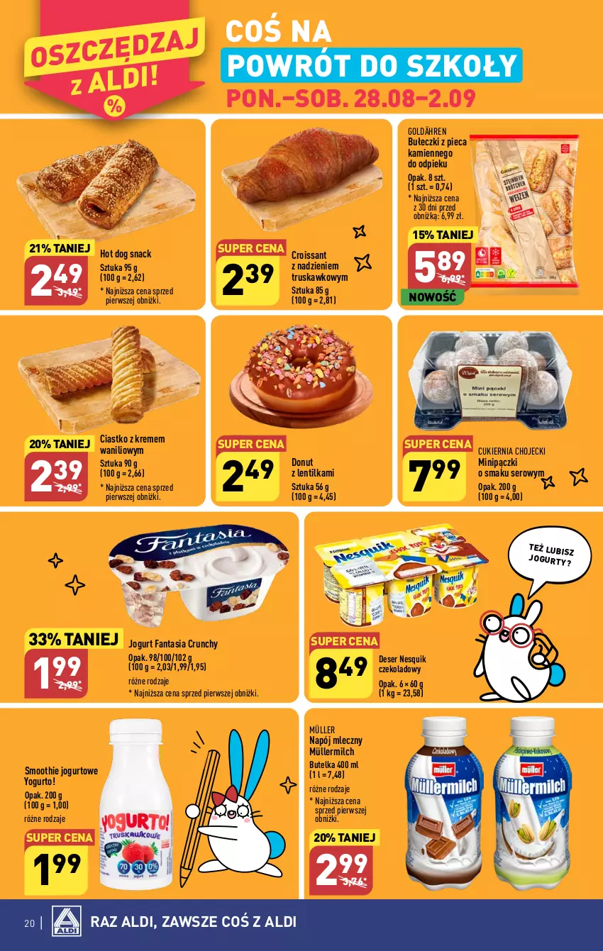 Gazetka promocyjna Aldi - Pełna oferta - ważna 28.08 do 02.09.2023 - strona 20 - produkty: Bułeczki, Croissant, Cukier, Deser, Donut, Fa, Fanta, Hot dog, Hot dog snack, Jogurt, Müller, Müllermilch, Napój, Napój mleczny, Nesquik, Piec, Ser, Smoothie