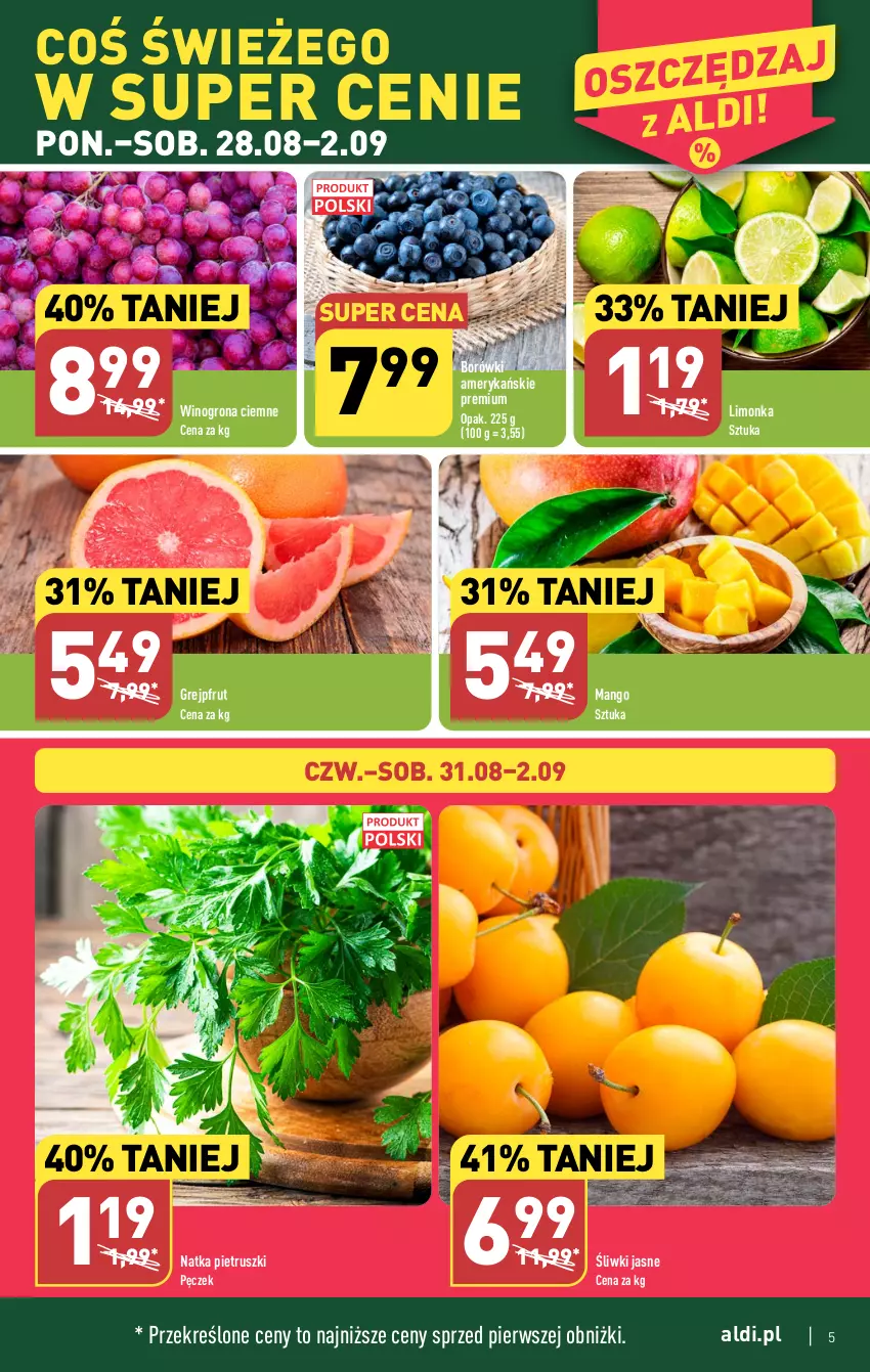 Gazetka promocyjna Aldi - Pełna oferta - ważna 28.08 do 02.09.2023 - strona 5 - produkty: Grejpfrut, Limonka, Mango, Natka pietruszki, Wino, Winogrona