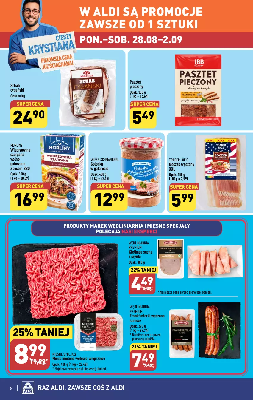 Gazetka promocyjna Aldi - Pełna oferta - ważna 28.08 do 02.09.2023 - strona 8 - produkty: Boczek, Frankfurterki, Gala, Kiełbasa, Mięsne specjały, Mięso, Mięso mielone, Morliny, Pasztet, Piec, Sos, Wieprzowina