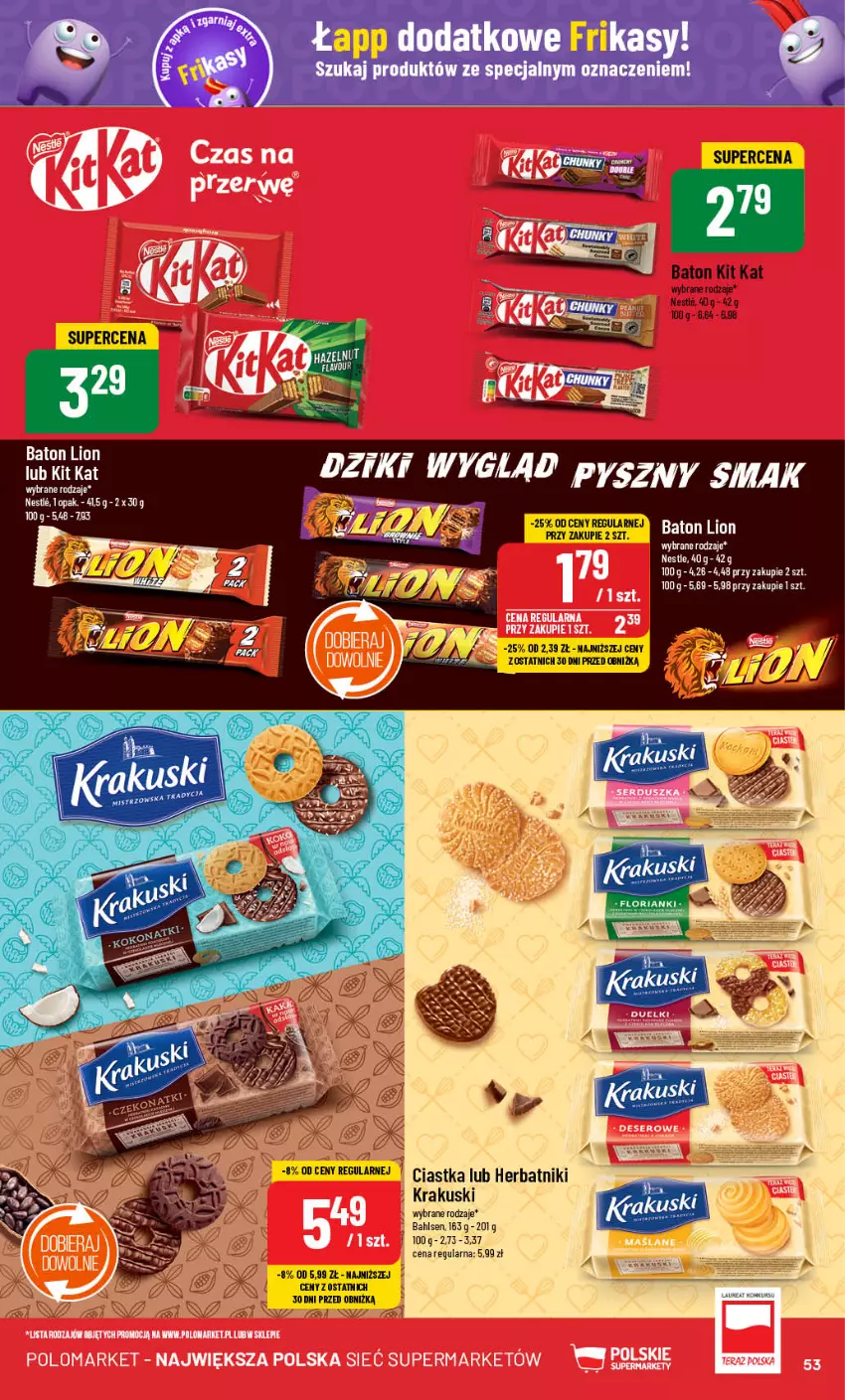 Gazetka promocyjna PoloMarket - Gazetka pomocyjna - ważna 04.09 do 10.09.2024 - strona 53 - produkty: Baton, Ciastka, Herbatniki, Kit Kat, Krakus, Krakuski, Laur, Lion